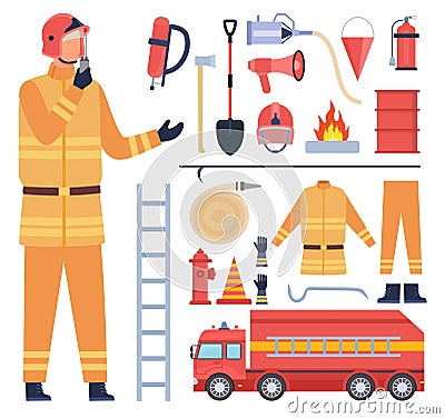 Cartoon fireman character in uniform, firefighter equipment and tools. Water hose, fire engine, extinguisher, helmet and Vector Illustration