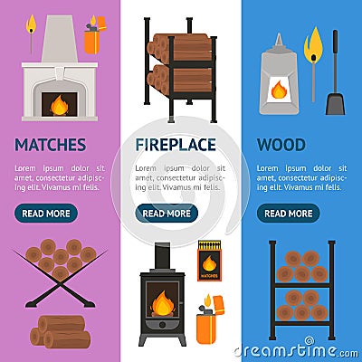 Cartoon Fireplace Banner Vecrtical Set. Vector Vector Illustration