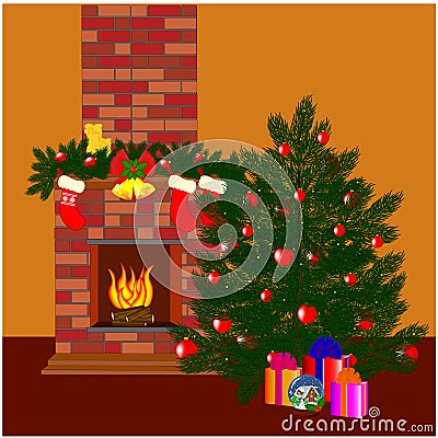 Cartoon fireplace with Christmas decorations and socks, firtree Vector Illustration