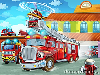 Cartoon firetruck driving out of fire station to action with other different fireman vehicles Cartoon Illustration