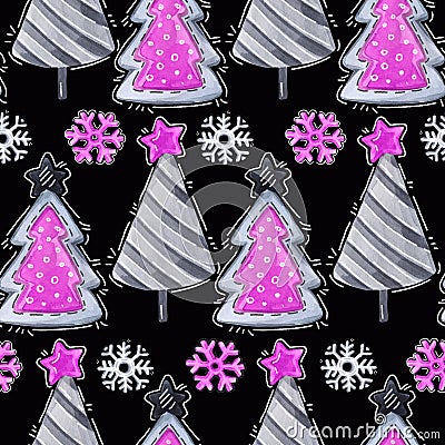 Cartoon firs, snowflakes. Watercolor seamless greeting pattern. New Cartoon Illustration