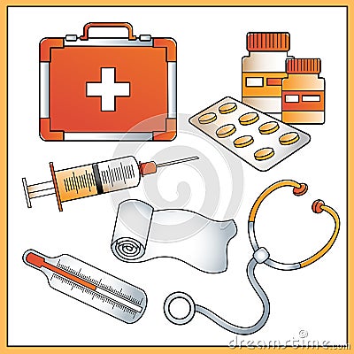 Cartoon first aid kit and professional instruments of doctor. Medical logo. Profession. Colorful vector illustration for kids Vector Illustration