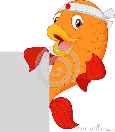 Cartoon fish chef holding blank sign Vector Illustration