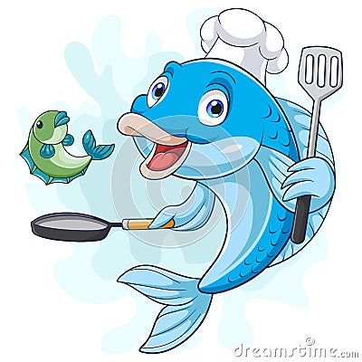 Cartoon fish chef holding a frying pan and spatula Vector Illustration