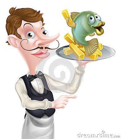 Cartoon Fish and Chips Waiter Butler Pointing Vector Illustration