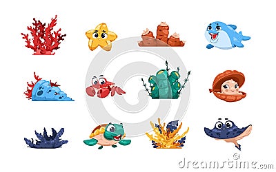 Cartoon fish and seaweed. Green underwater algae, ocean and aquarium inhabitants with big eyes and adorable faces, dolphin and Vector Illustration