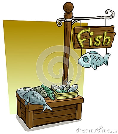Cartoon fish vendor booth market wooden stand Vector Illustration