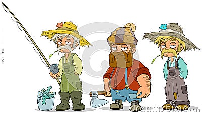 Cartoon fisherman farmer lumberjack characters set Vector Illustration