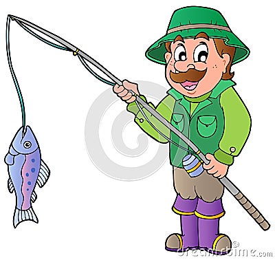 Cartoon fisherman with rod and fish Vector Illustration