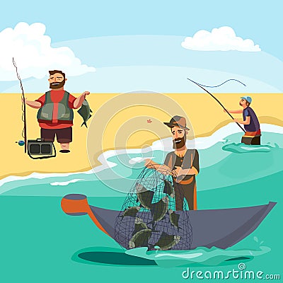 Cartoon fisherman standing in hat and pulls net on boat out of sea, happy fishman holds fish catch and spin vecor Vector Illustration