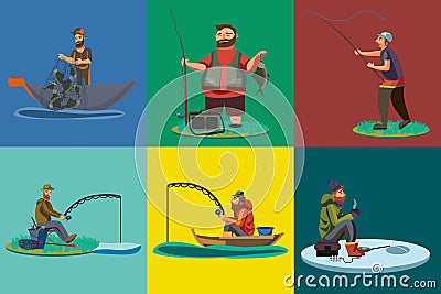 Cartoon fisherman standing in hat and pulls net on boat out of sea, happy fishman holds fish catch and spin vecor Vector Illustration