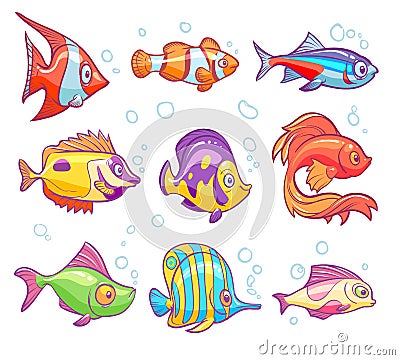 Cartoon fishes. Aquarium sea tropical fish funny underwater animals. Goldfish kids vector isolated set Vector Illustration