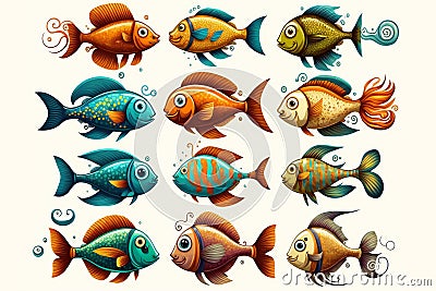 Cartoon fishes set isolated design elements, animals, marine life Cartoon Illustration