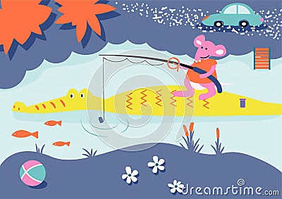 Cartoon fishing child book illustration. Mouse and alligator on a river. Vector Illustration