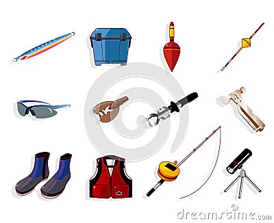 Cartoon fishing equipment tools icon set , Vector Illustration