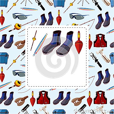 Cartoon fishing equipment tools seamless pattern Vector Illustration