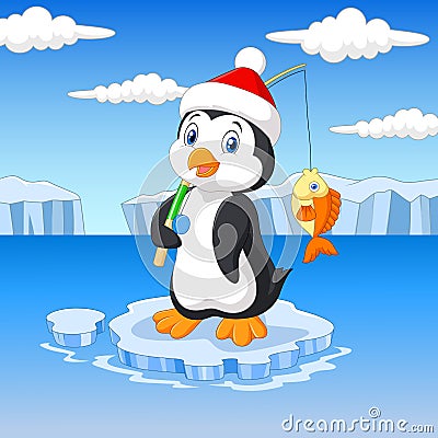 Cartoon fishing penguin standing on ice floe Vector Illustration