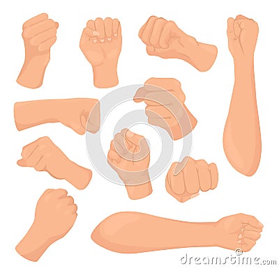 Cartoon fist vector illustrations, woman hand with clenched palm, raised female hand isolated icons set Vector Illustration