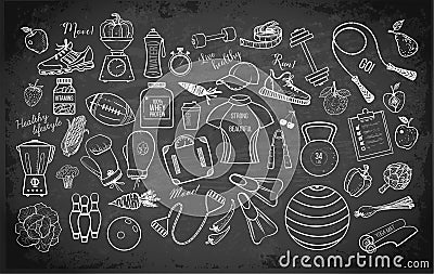 Cartoon fitness doodles on blackboard background. Vector illustration Stock Photo