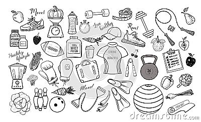 Cartoon fitness doodles on white background. Vector illustration Stock Photo