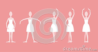 Cartoon Five Basic Ballet Positions Set. Vector Vector Illustration