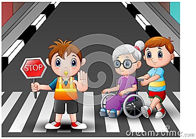 Cartoon flagger and boy helps grandma in wheelchair crossing the street Vector Illustration