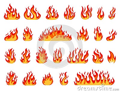 Cartoon flame. Bonfire flames, fireballs, burning candle or torch flame, blazing fire. Comic red or orange hot flaming Vector Illustration