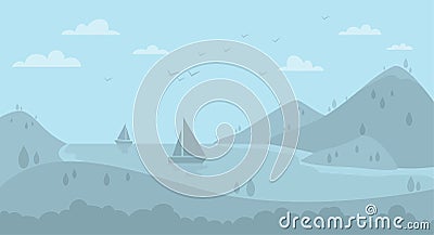 Cartoon sail boats on lake landscape background Vector Illustration