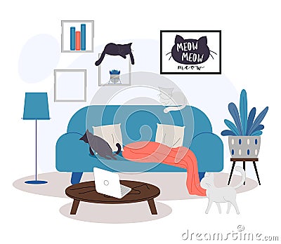 Cartoon flat cats on the sofa on white background Vector Illustration