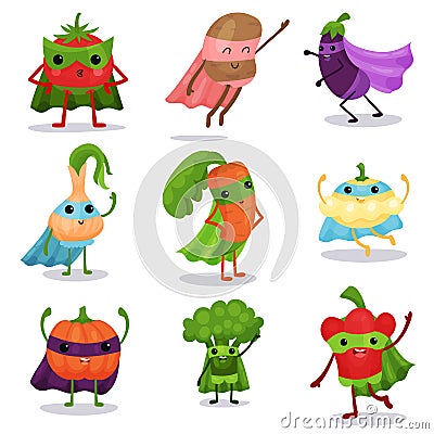 Cartoon flat characters set of superhero vegetables in capes and masks in different poses Vector Illustration