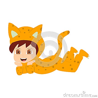 Cartoon flat child in a leopard costume. Ð¡ute lying down baby in kigurumi Vector Illustration
