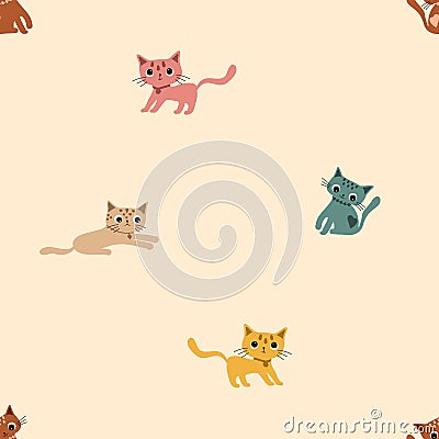 Cartoon flat colorfull funny cute seamless pattern with a cats .For printing baby textile, fabrics, design, decor, gift Vector Illustration