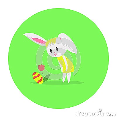 Cartoon flat cute standing rabbit looks at a tulip and an Easter egg. Design for easter. Vector Illustration