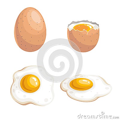 Cartoon flat design eggs set. Whole, boiled egg and fried eggs. Fresh farm products. Breakfast symbol. Vector Illustration