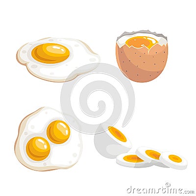 Cartoon flat design eggs set. Whole, boiled eggs and fried eggs. Fresh farm products. Breakfast symbol. Vector Illustration