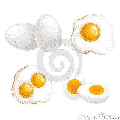 Cartoon flat design eggs set. Whole, boiled eggs and fried eggs. Fresh farm products. Breakfast symbol. Vector Illustration