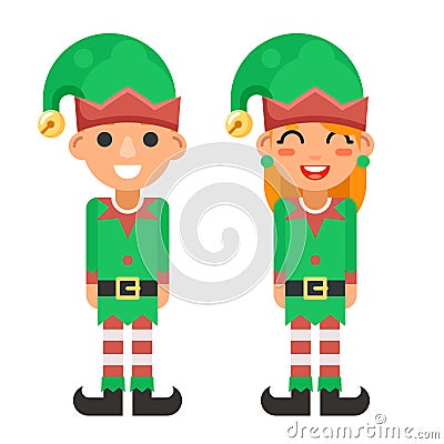 Cartoon Flat Design Elf Boy And Girl Characters Christmas Santa Teen Icons New Year Holiday Vector Illustration Vector Illustration