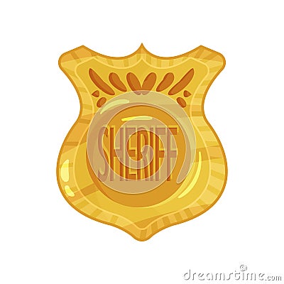 Cartoon flat design of golden jetton with engraved word sheriff, brass policeman emblem Vector Illustration