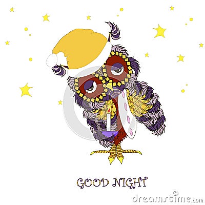 Cartoon flat design violet and yellow owl with pillow and light candle, typography banner Good night Vector Illustration