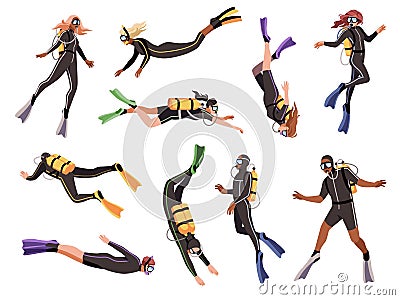 Cartoon flat divers. People with diving equipment, oxygen tanks, underwater masks, snorkels, scuba swimming persons. Men Vector Illustration