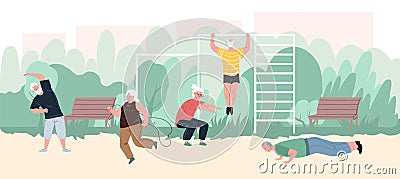 Cartoon flat elderly characters doing sport workout outdoors, vector illustration Vector Illustration