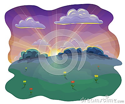 cartoon or flat evening landscape background at sunset. sunset scene in nature with beautiful evening sky and clouds, green hills Cartoon Illustration