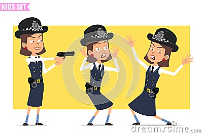 Cartoon funny british policeman girl character set Vector Illustration