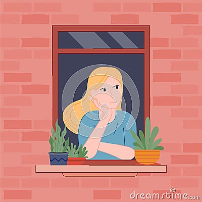 Cartoon flat girl admires the view from the window Vector Illustration