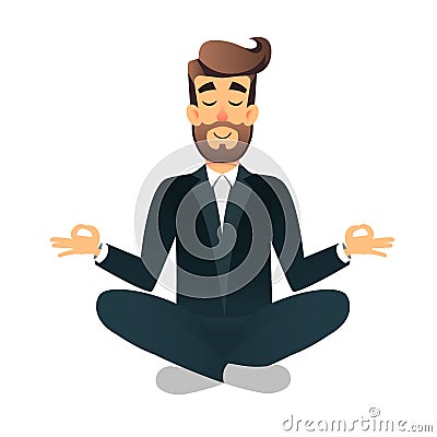 Cartoon flat happy office manager sitting and meditating. Illustration of handsome businessman relaxed calm in lotus pose. Man Yog Stock Photo