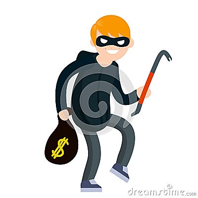 Thief with crowbar. Male offender sneaks Vector Illustration