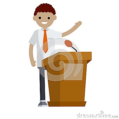 Cartoon flat illustration - cute guy in the stands discussion. Stock Photo