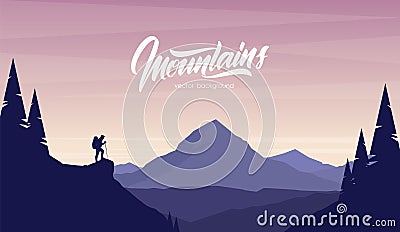 Cartoon flat landscape with hiker on foreground and handwritten lettering of Mountains. Vector Illustration