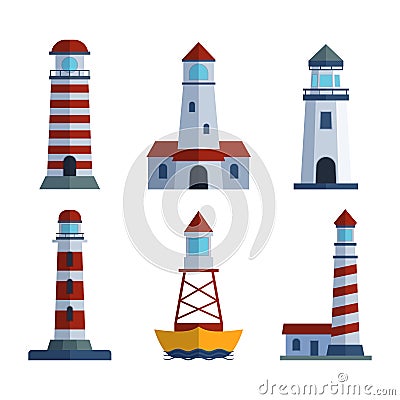 Cartoon flat lighthouse searchlight tower for maritime navigation guidance light vector illustration. Vector Illustration