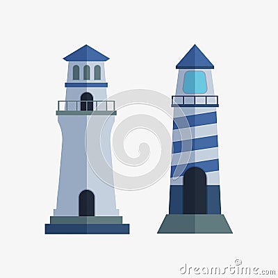 Cartoon flat lighthouse searchlight tower for maritime navigation guidance light vector illustration. Vector Illustration